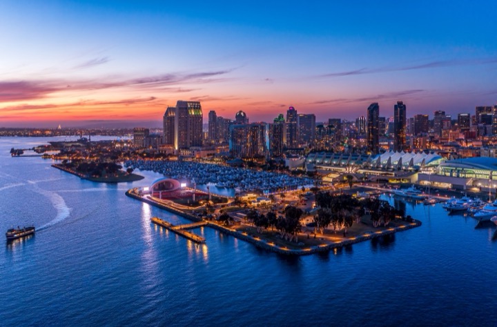 Aerial view of the San Diego skyline at dusk